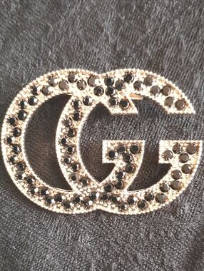 Crystal Brooch Pin - Gold with Black Stones